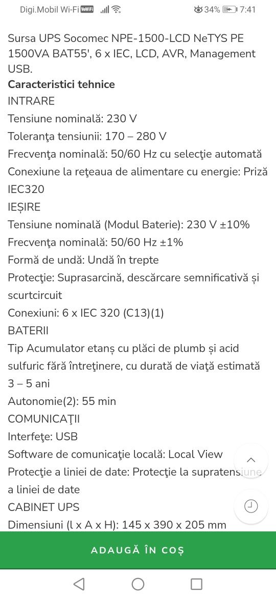 Ups socomec netys pe 1500 v / 900 W (fără acumulatori)