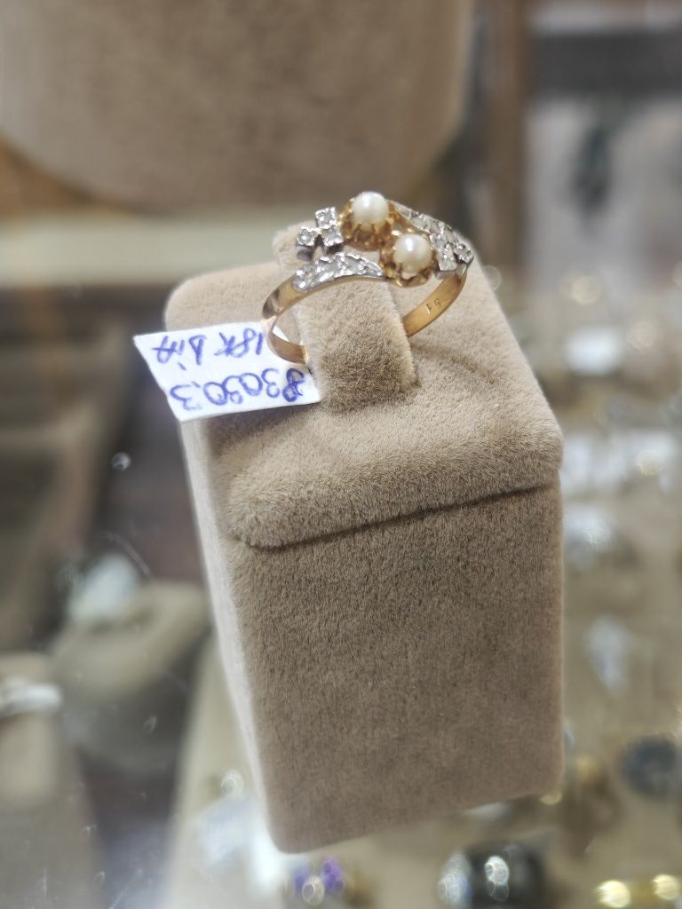 Inel vintage aur 18k cu diamante și perle (r)