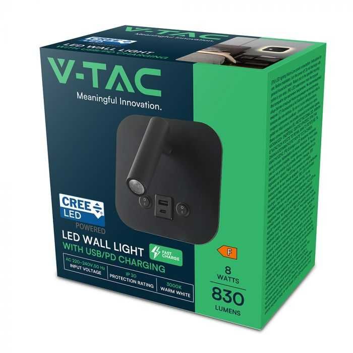 LED 8W Хотелска Стенна Лампа с Двустранно Осветяване V-tac USB и USB C