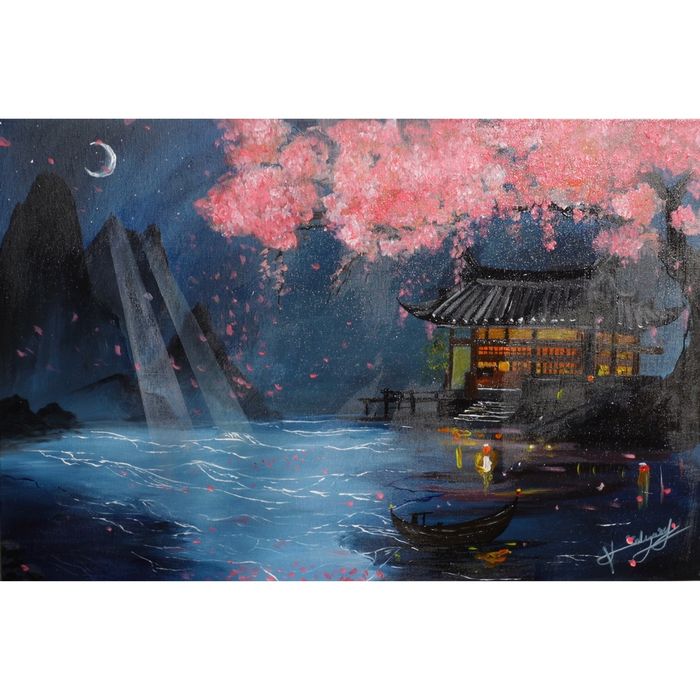 Tablou Sakura – Peisaj japonez nocturn, pictură originală 60x40 cm