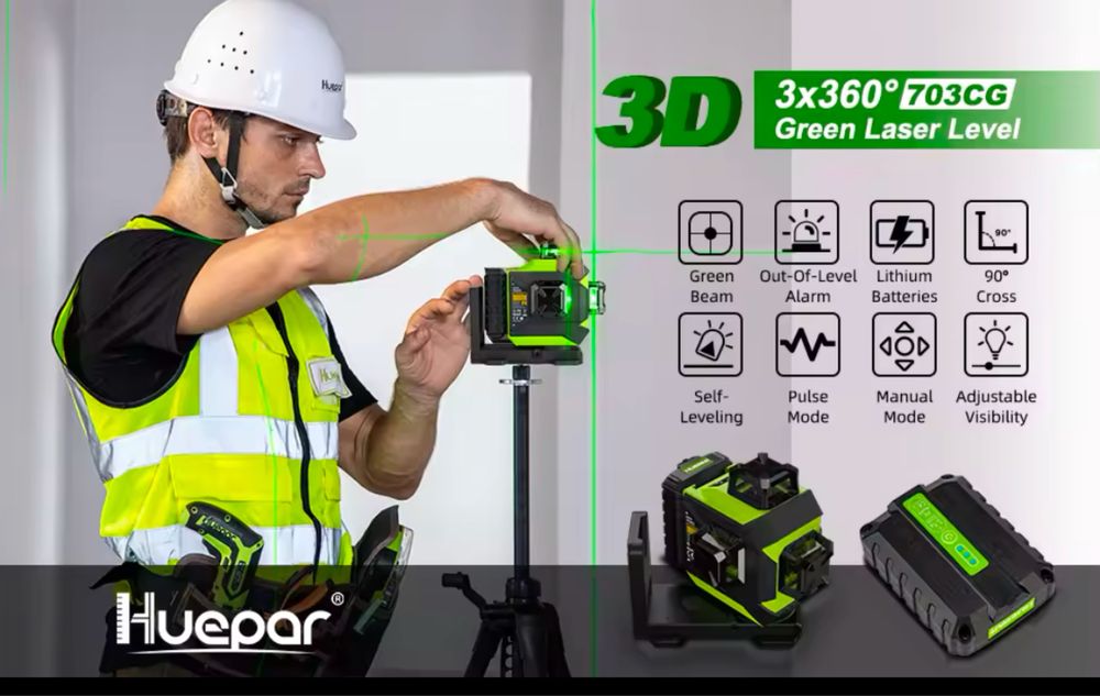 3 D Лазерен нивелир Huepar 703CG 12 линии ! Зелен лъч !