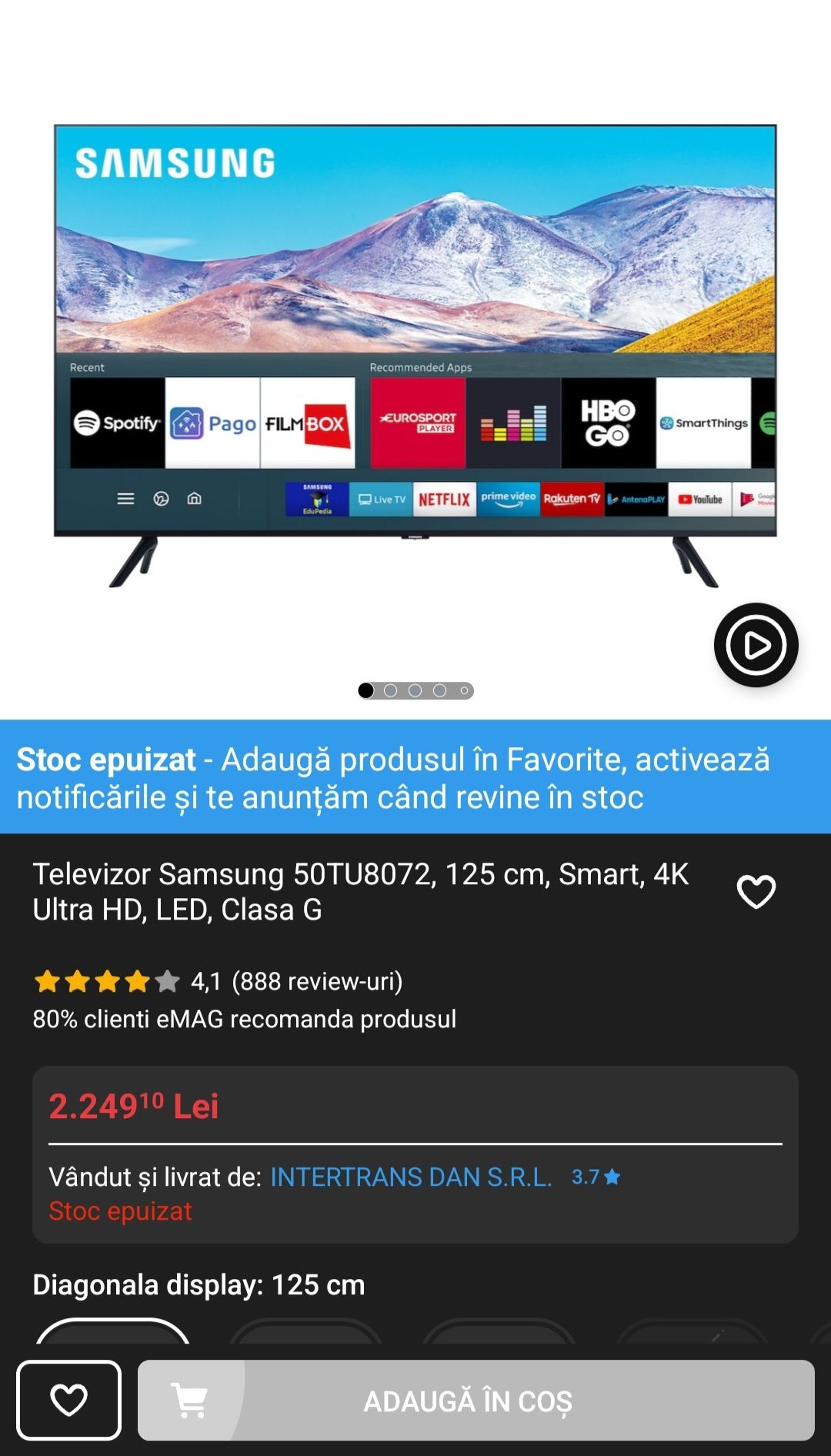 Televizor LED Samsung 127 cm (50") UE50TU8072, Ultra HD 4K, Smart TV,