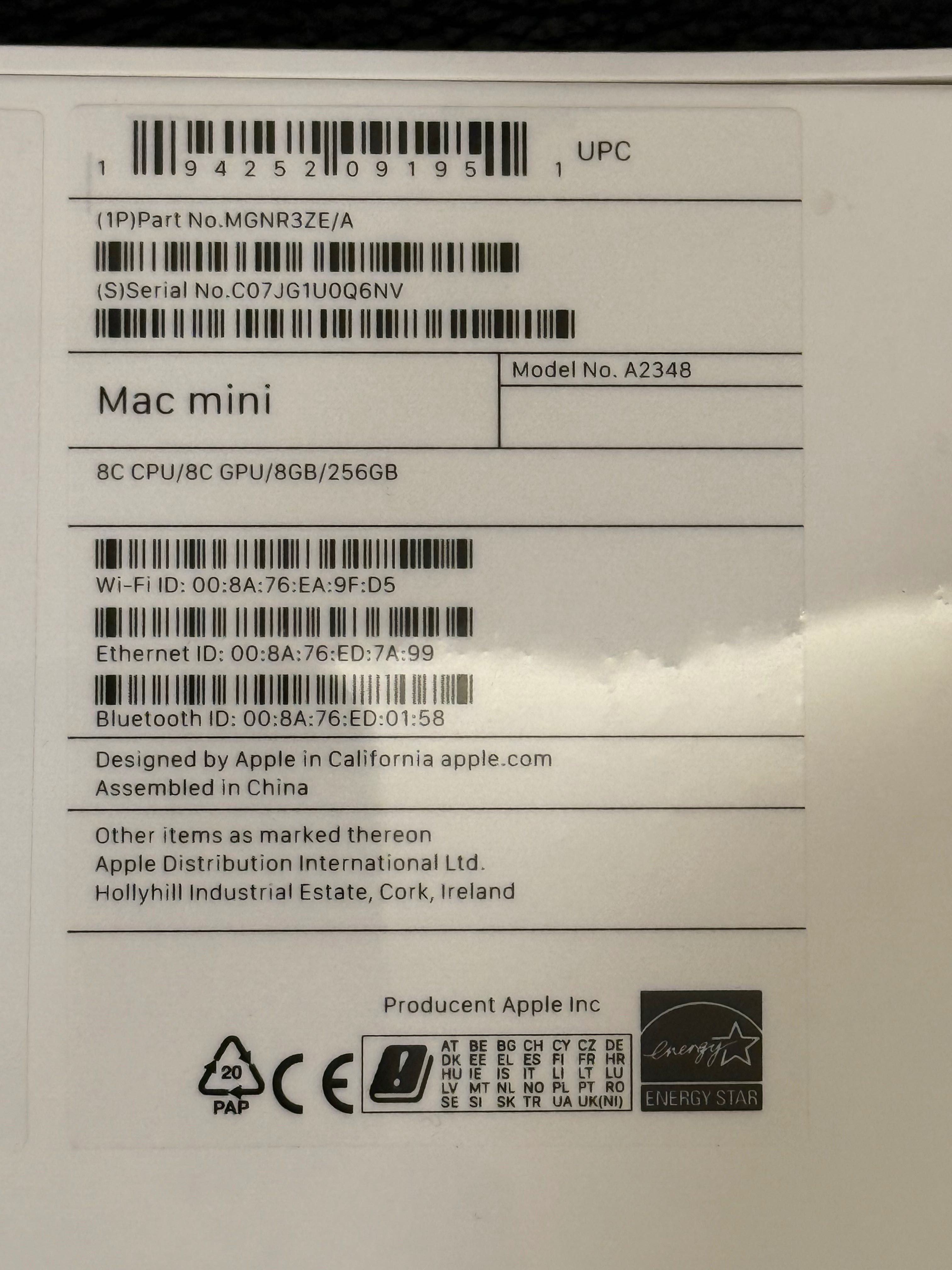 Apple Mac mini M1, 256 GB SSD, 8 GB RAM