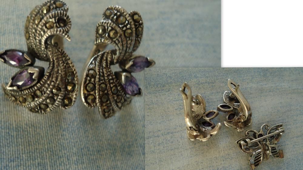 Set de argint cu marcasite: brosa, cercei si cruciulita