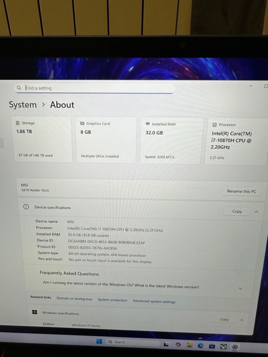 Laptop Gaming MSI GE76 10UG, RTX 3070, 17 , Impecabil ca nou!