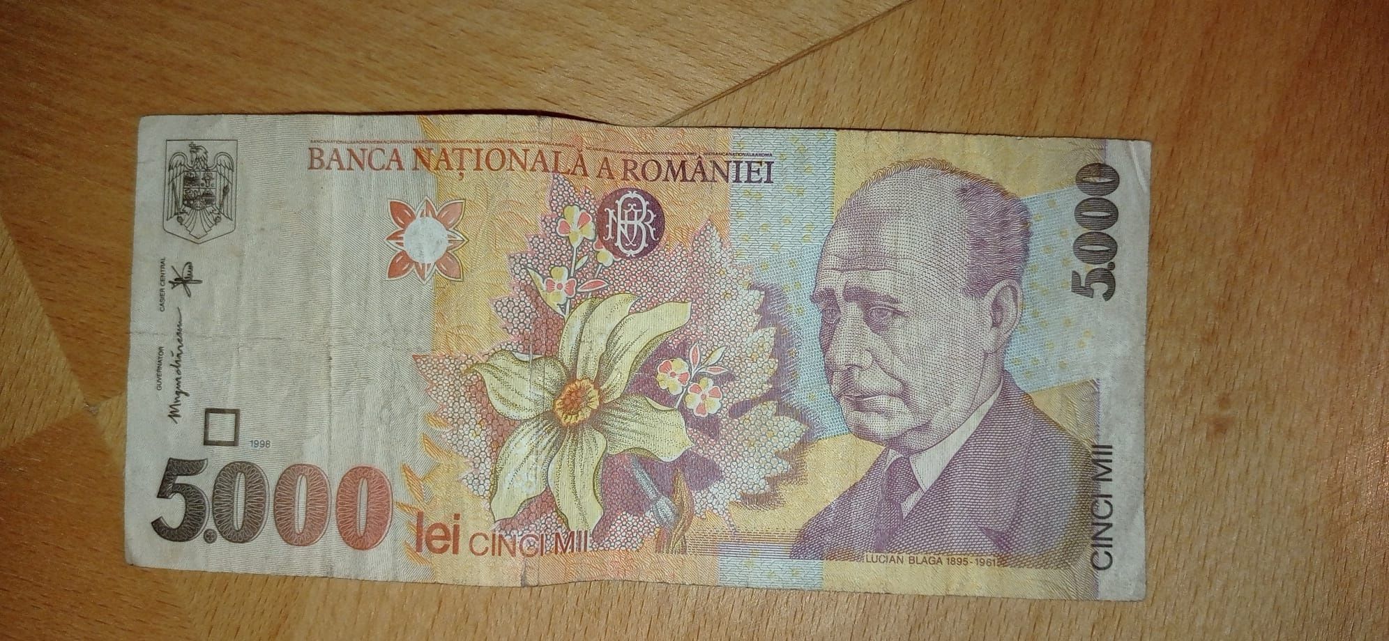 Bancnota 5000 lei Blaga 1998 seria 005A