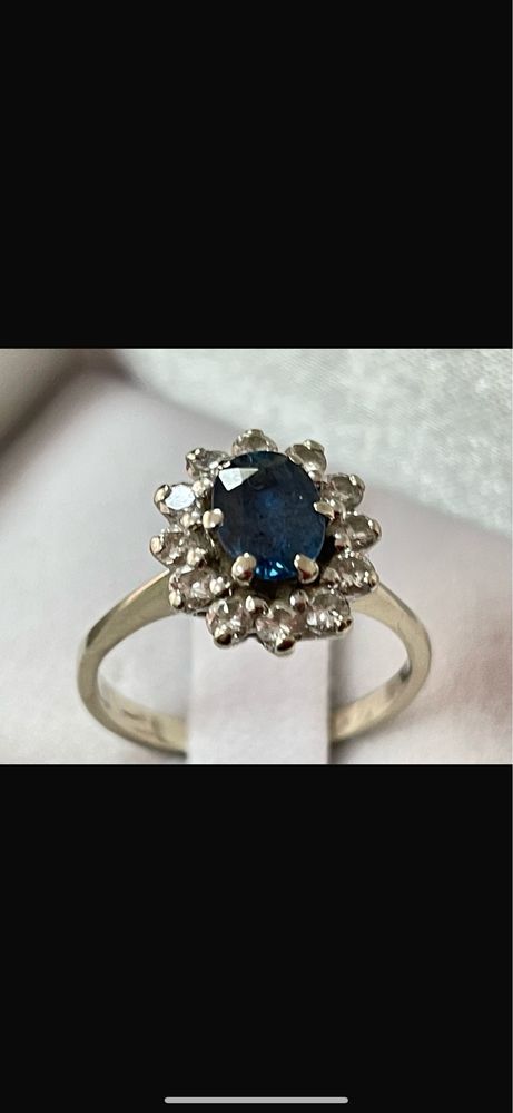 Inel aur alb 18 k cu safir natural si diamante naturale