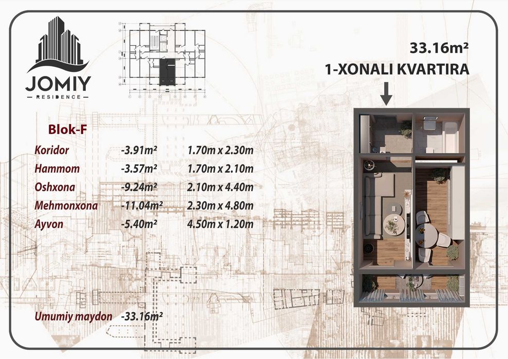 Jomiy Residencedan tayyor remontlari bilan