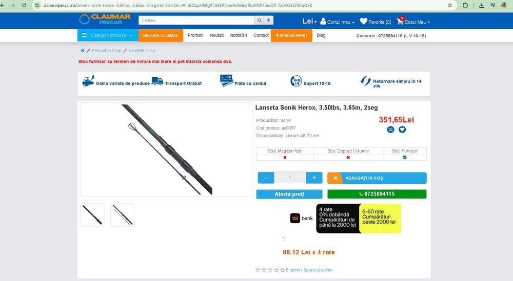 Vand lanseta Crap Sonik Herox 3,60 m 3.5 LB ca noua !!