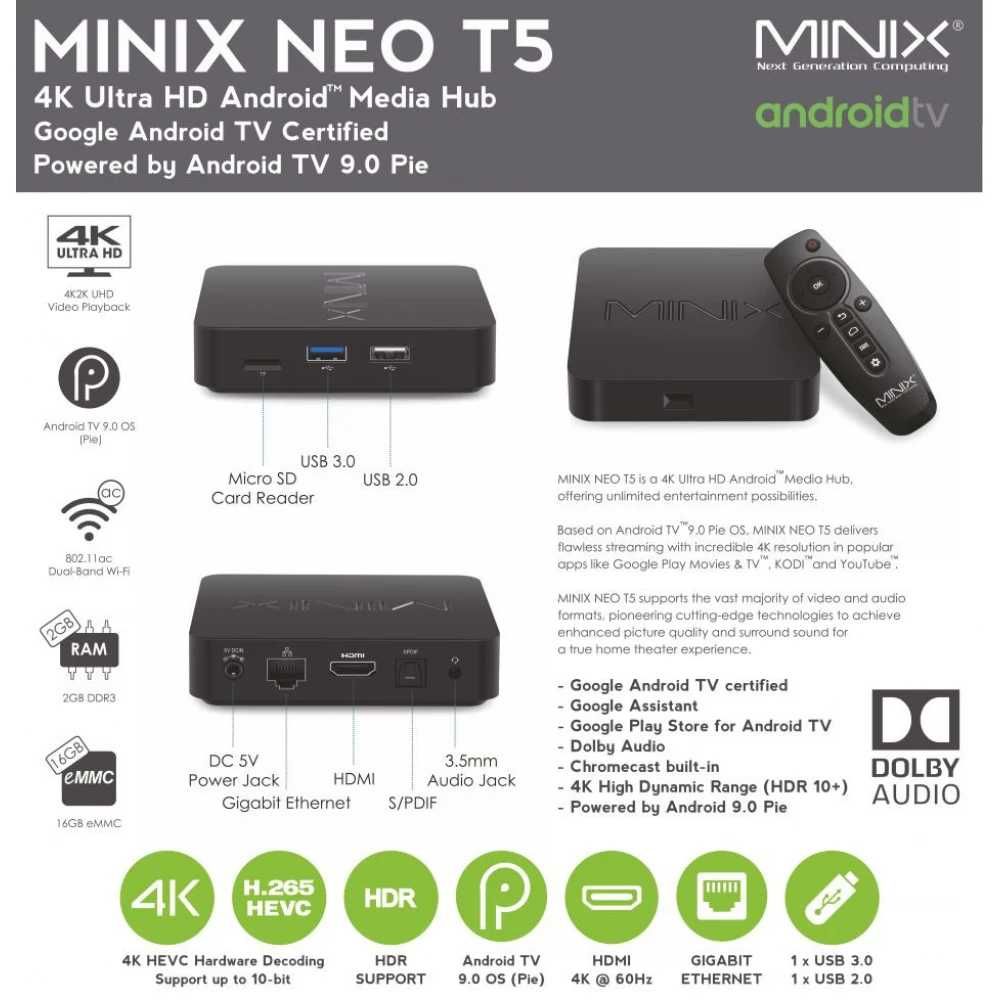 Медиен плеър тв бокс TV BOX NEO MINIX T5 4K ultra hd media hub