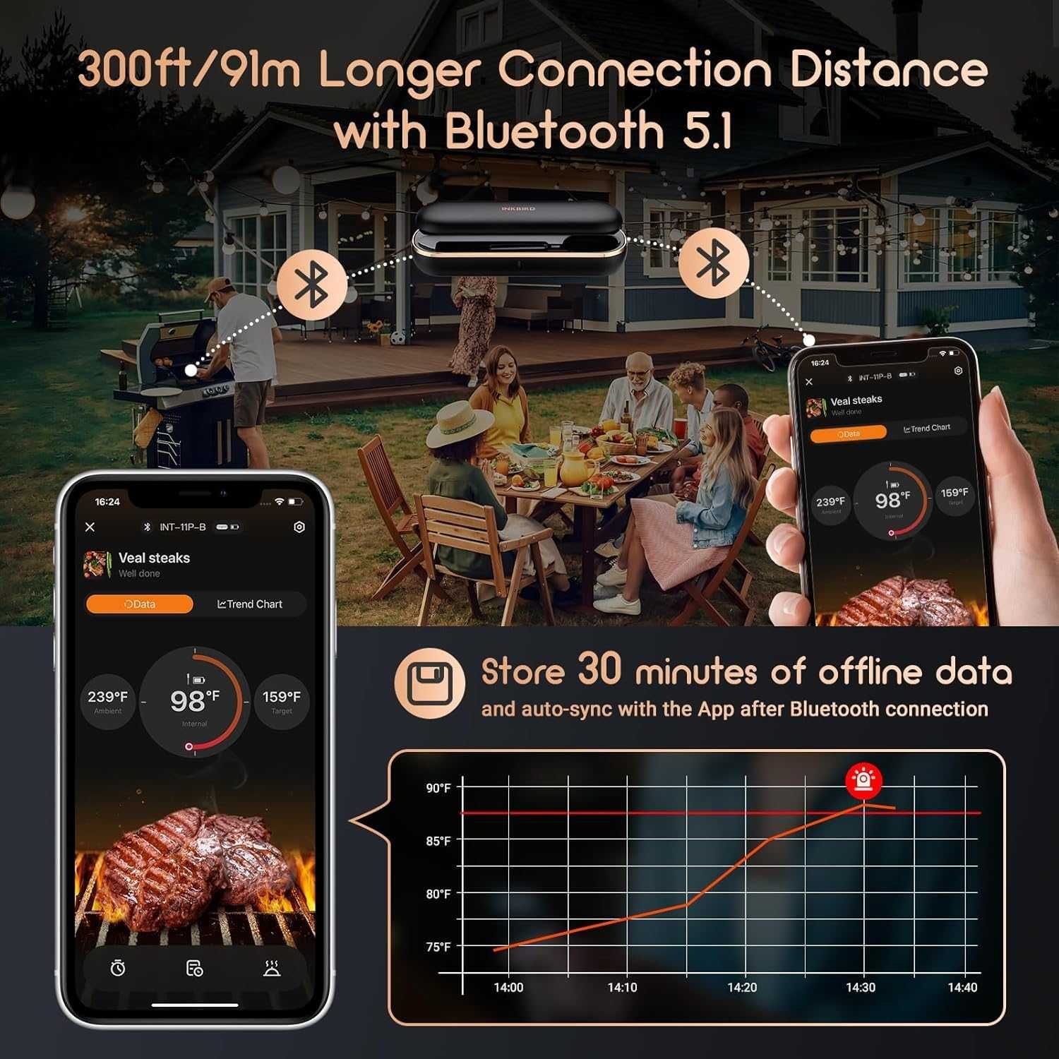 Термометър за Грил,Фурна Опушвач,Inkbird INT-11P-B Wireless Bluetooth
