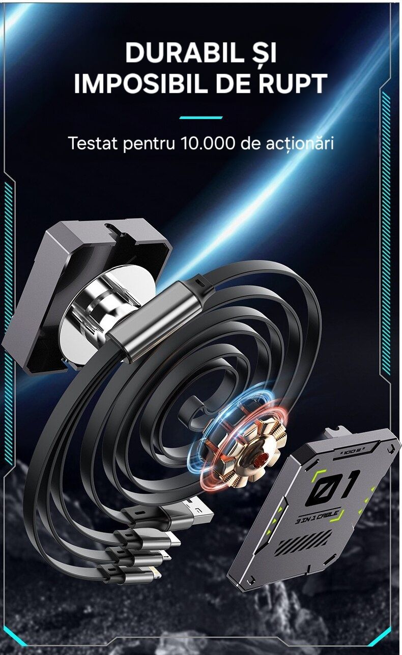 Cablu încărcare/date 3în1: IOS, tipC, Micro. Retractabil. 100W fast ch
