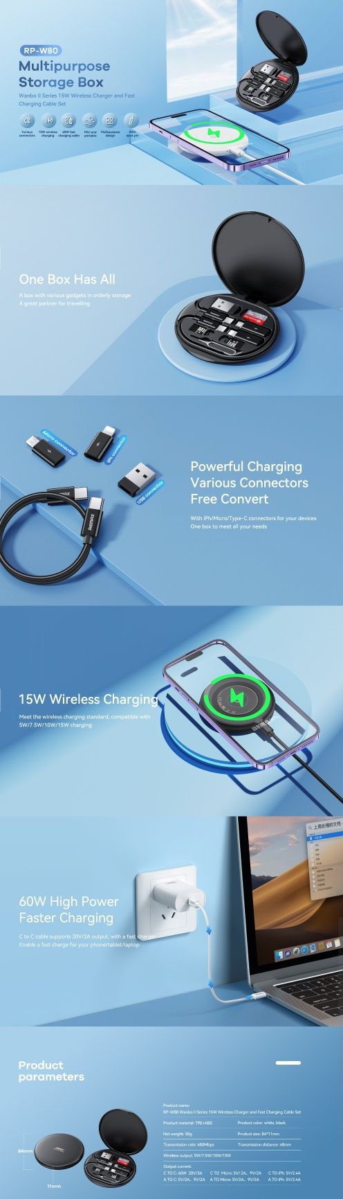 Remax RP-W80 Wireless Charger 15W Multifunctional Data Cable Set 60W