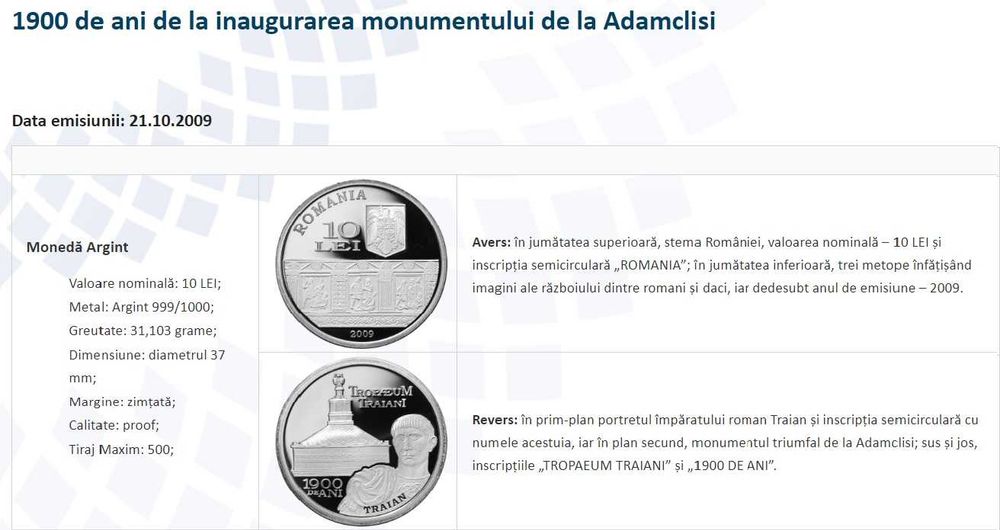 Moneda BNR 10 lei argint monumentul de la Adamclisi NGC PF 69 UC