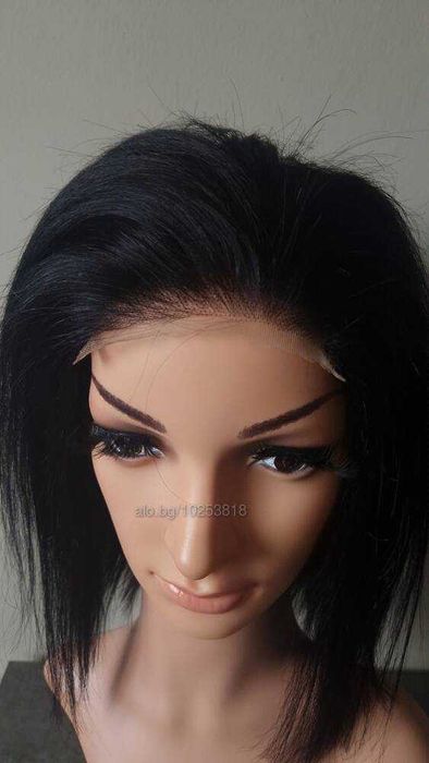 Бразилска човешка коса 30 см. черна естествена перука с дантела 4Х4