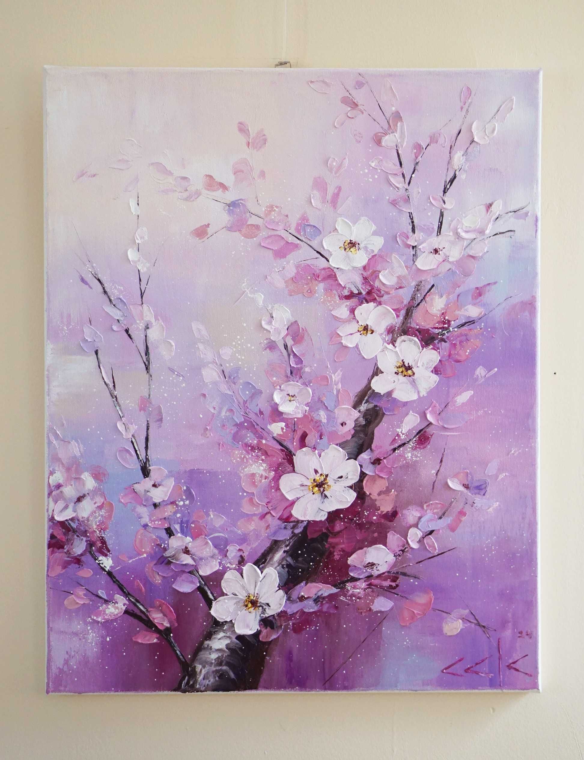"Пролет в розово" Картина 50х40см, Маслена живопис с шпакла