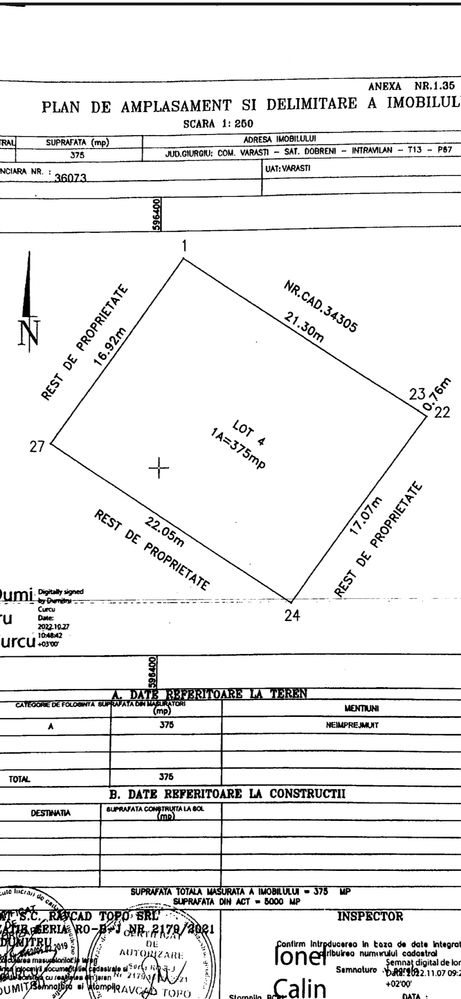 Teren Intravilan 375 mp Gard din Placi de Beton Dobreni Comuna Berceni