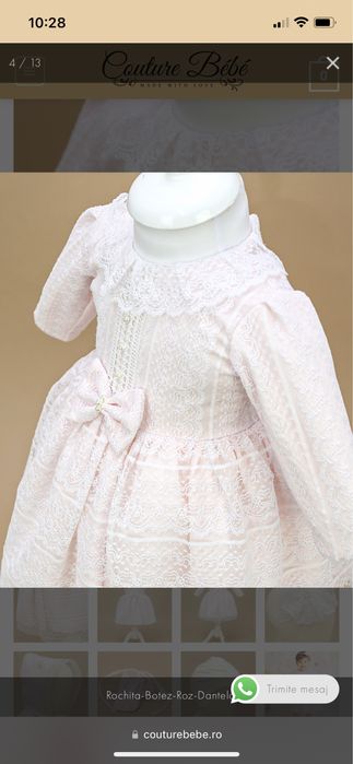 Vand rochita botez Couture Bebe 6-9 luni - cu boneta si botosei