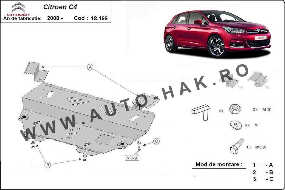 Scut motor metalic Citroen C4 2008-2018 - otel 2mm