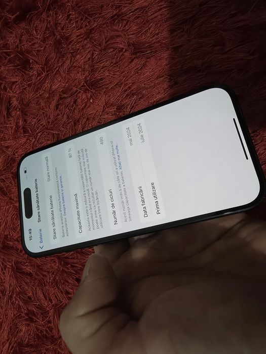 -Iphone 15, Negru, 128Gb, 8Ram, Bat: 87%-490 cicluri incarcare, Stare