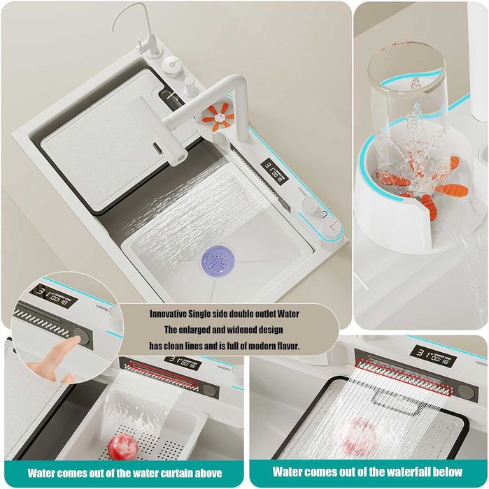 Луксозна бяла мултифункционална кухненска мивка с двоен водопад