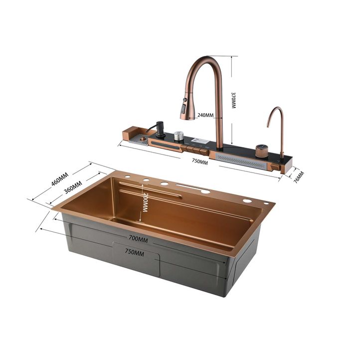 Розово злато - Мултифункционална кухненска мивка с двоен водопад