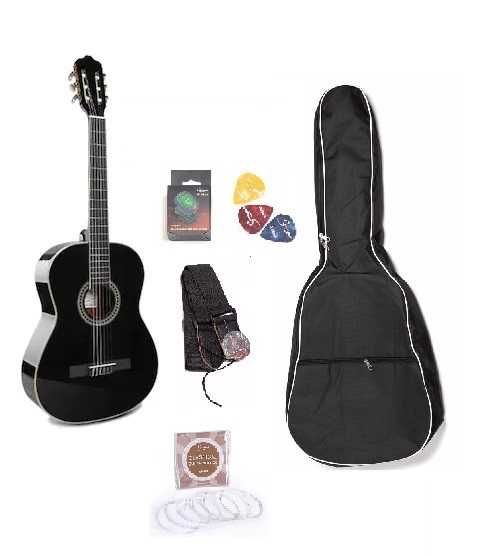 SET chitara clasica neagra 4/4 39” husa,curea,corzi,pene,acordor