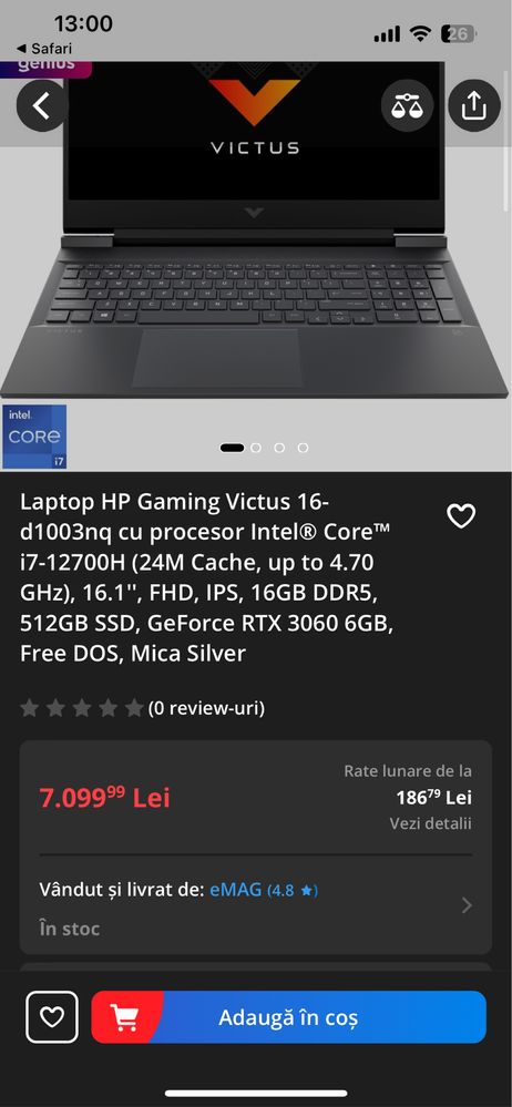 Laptop Gaming 16.1'' Victus 16-d1003nq, 144Hz, i7-12700H, RTX 3060