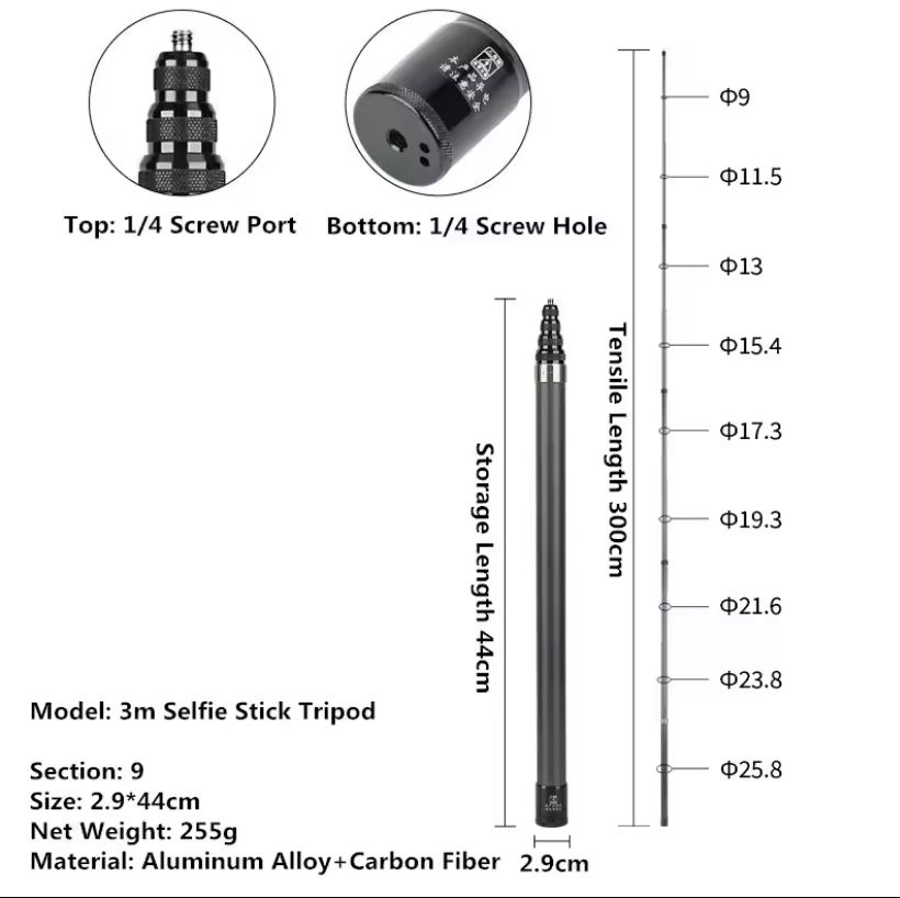 Selfie stick carbon 3m insta360 gopro action camera