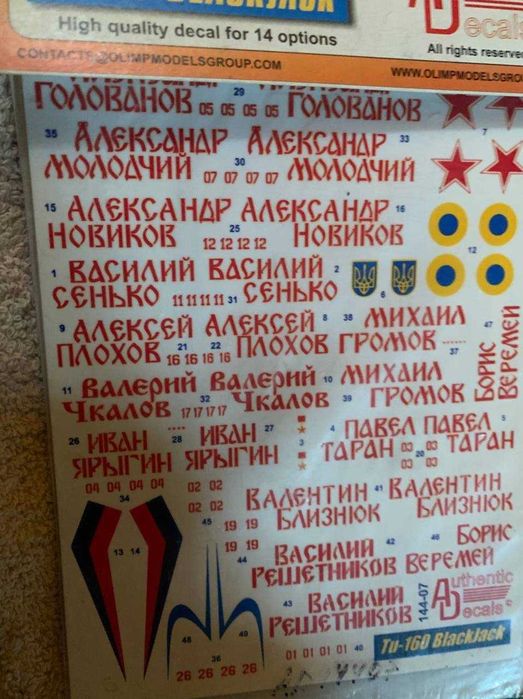 Декаль для сборной модели самолета Ту-160 (Begemot, 1/72 и  1/144)