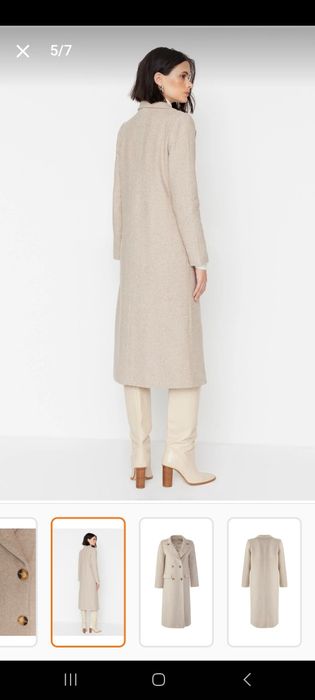 Стилно дамско дълго палто, с модерна шарка шеврон в бежово