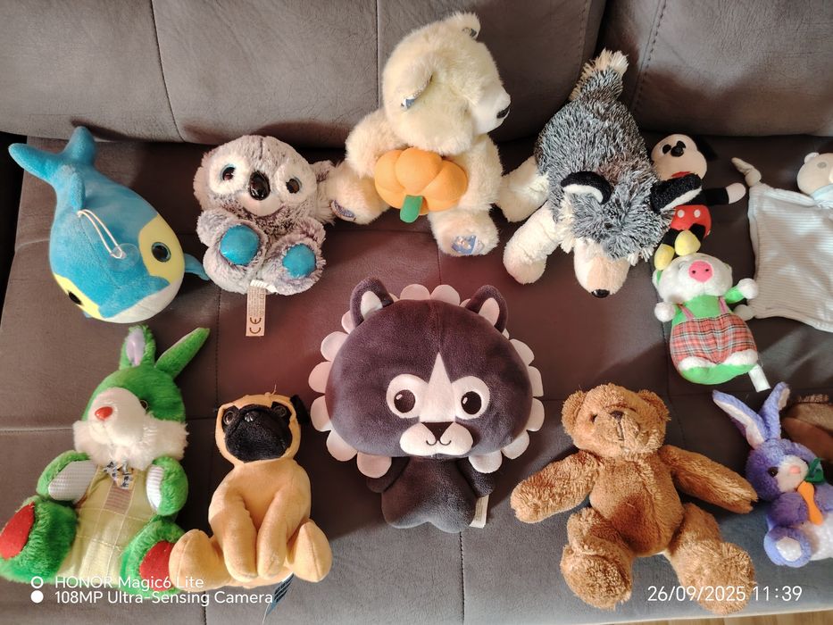 Кашон с плюшени играчки . Седяли са само за украса , не е играно с тях