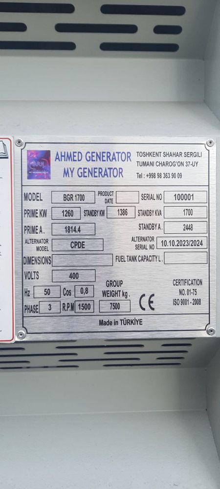 Generator AHMED Turkiya 1700 Kwa 1260 kw