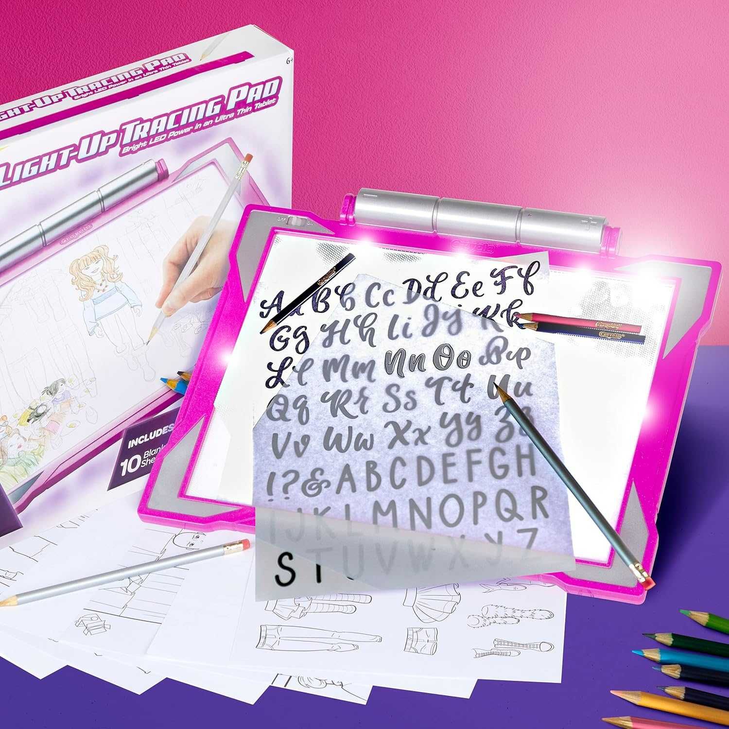 Crayola - Комплект светеща подложка за рисуване с моливи и листове