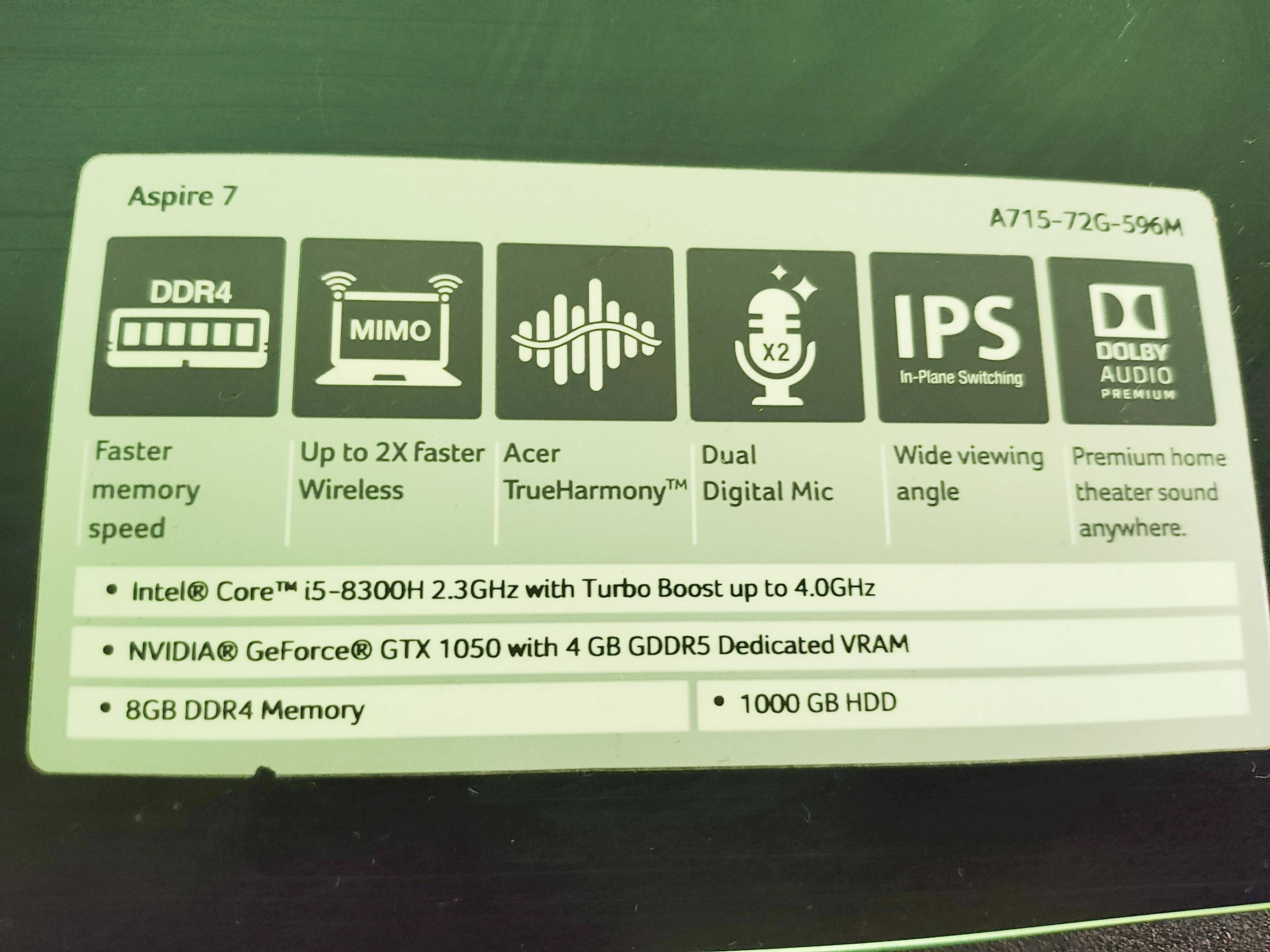 Acer Aspire 7, Nvidia RTX 1050, 8 ядрен Intel i5 перфектен