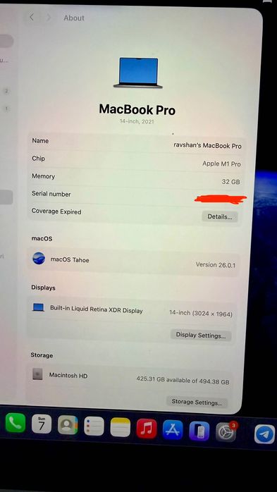 Mac book m1 pro 32 ram 512 xotira hamda ssd 128 xotira bor
