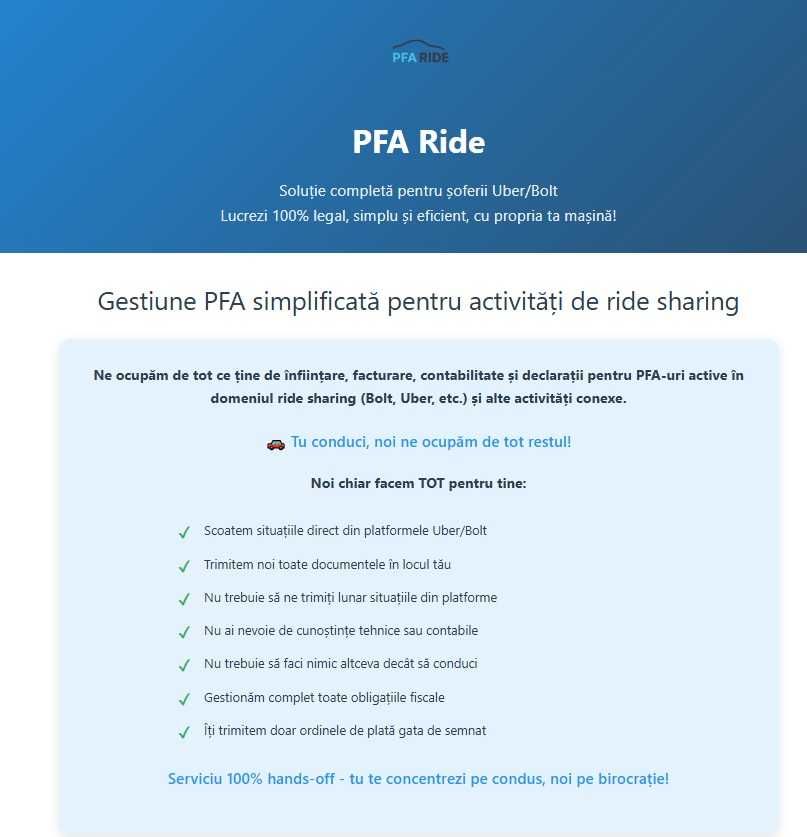 PFA Uber/Bolt – contabilitate+gestiune completă+infiintare