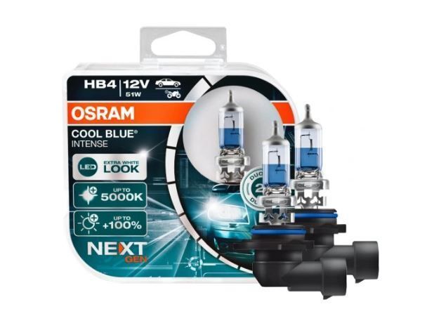 Set becuri HB4 Osram 9006CBNHCB 12V; 51W; Cool Blue Intense; cu pana 100% mai multa lumina; albastru; P22d; Omologare: ECE; pana la 500 h; Fascicul luminos [lm]:1095; Culoare temperatura [K]:5000,