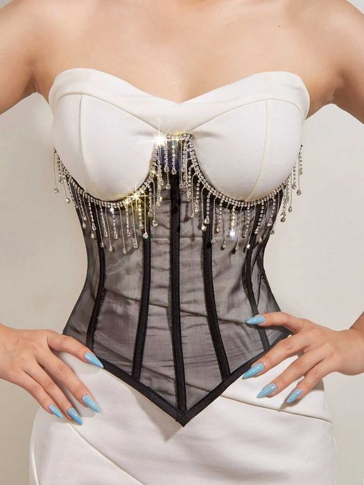 Corset dama elegant, cu strasuri, negru, transparent, modelator