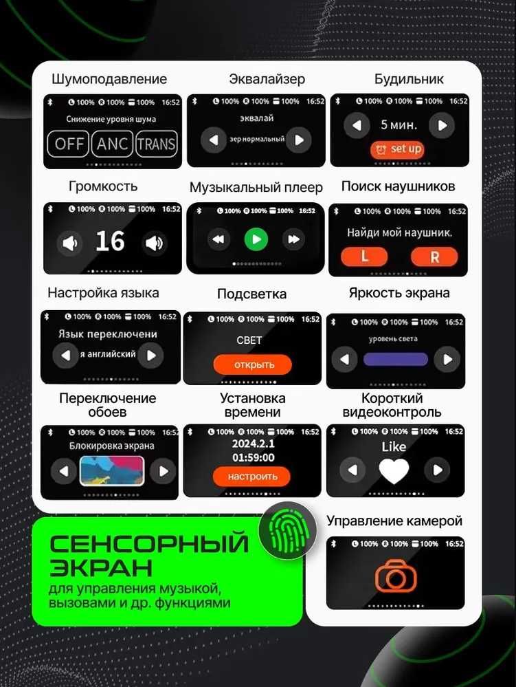 Simsiz naushniklar sensor ekranli IPhone va Android uchun. ANC/ENC