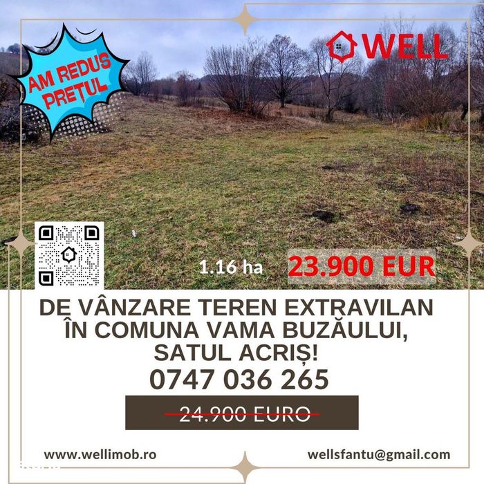 De vânzare teren extravilan în comuna Vama Buzăului, satul Acriș!