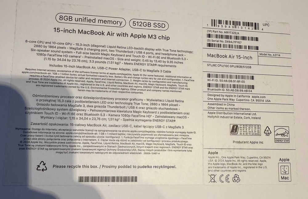 Ултрабук APPLE MacBook Air М3 - 15,3"