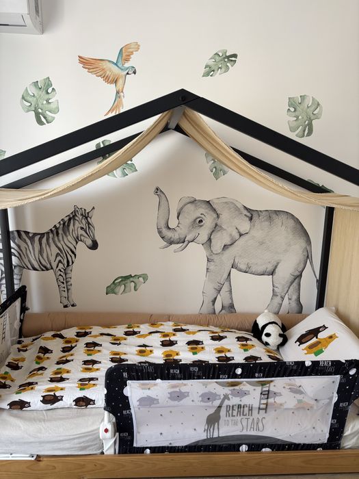 Pat tip casa cu somiera si saltea incluse 90x200