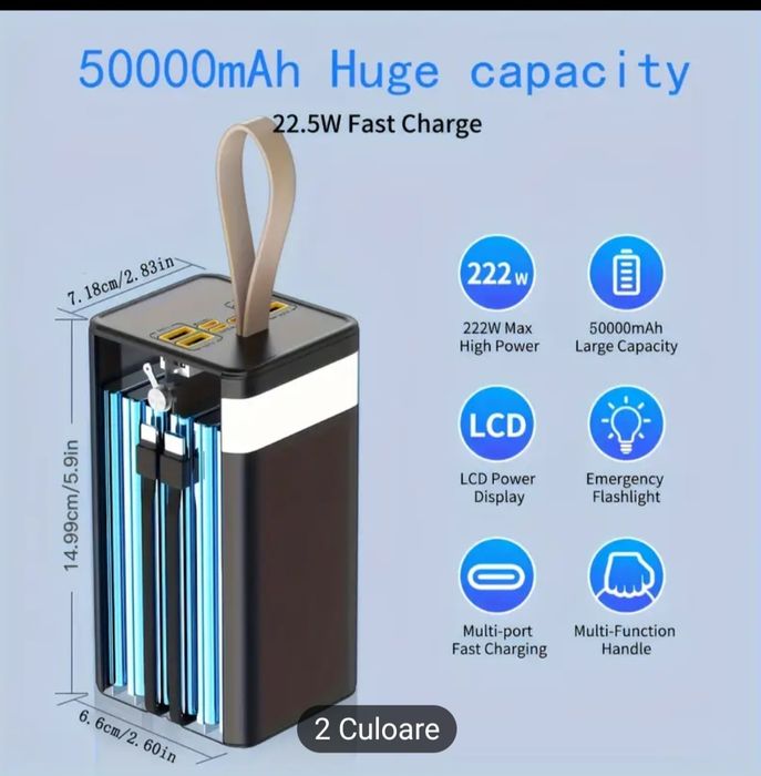 Baterie portabilă de 50000mAh, încărcare rapidă PD 3.0 de 22,5W, stați