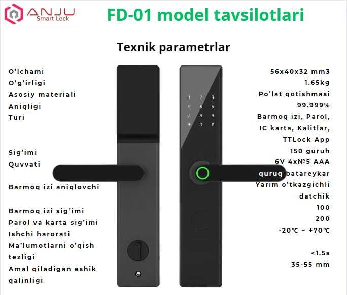 Aqlli elektron eshik qulfi. Model: Anju Smart Lock, FD-01