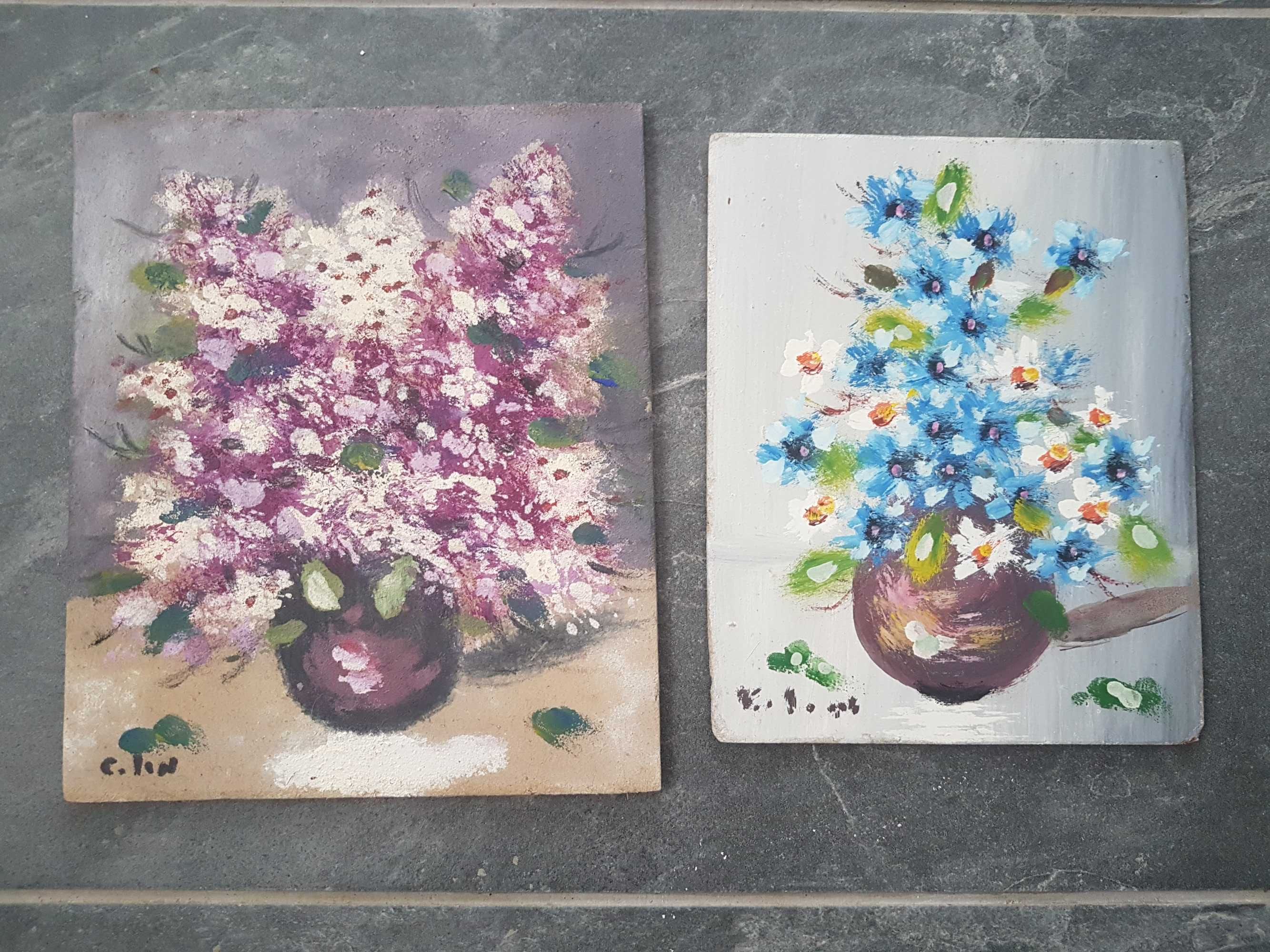 Tablouri cu flori pictate manual pe placaj - vechi / vintage -