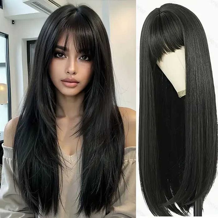 65 см черна права перука с бретон