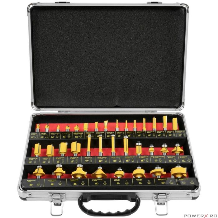 Set 35 de freze pentru lemn, in cutie de aluminiu, compatibile cu