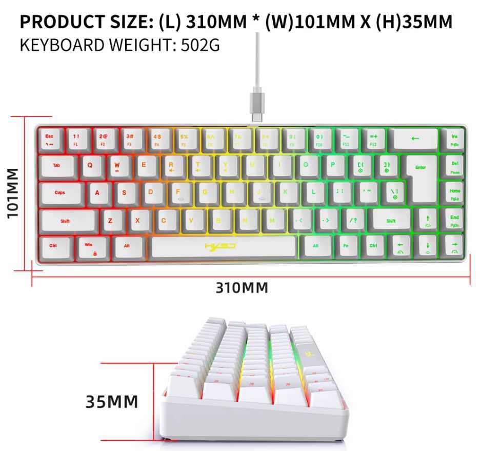Гейминг клавиатура HXSJ, 68 Keys, RGB, (бяла)