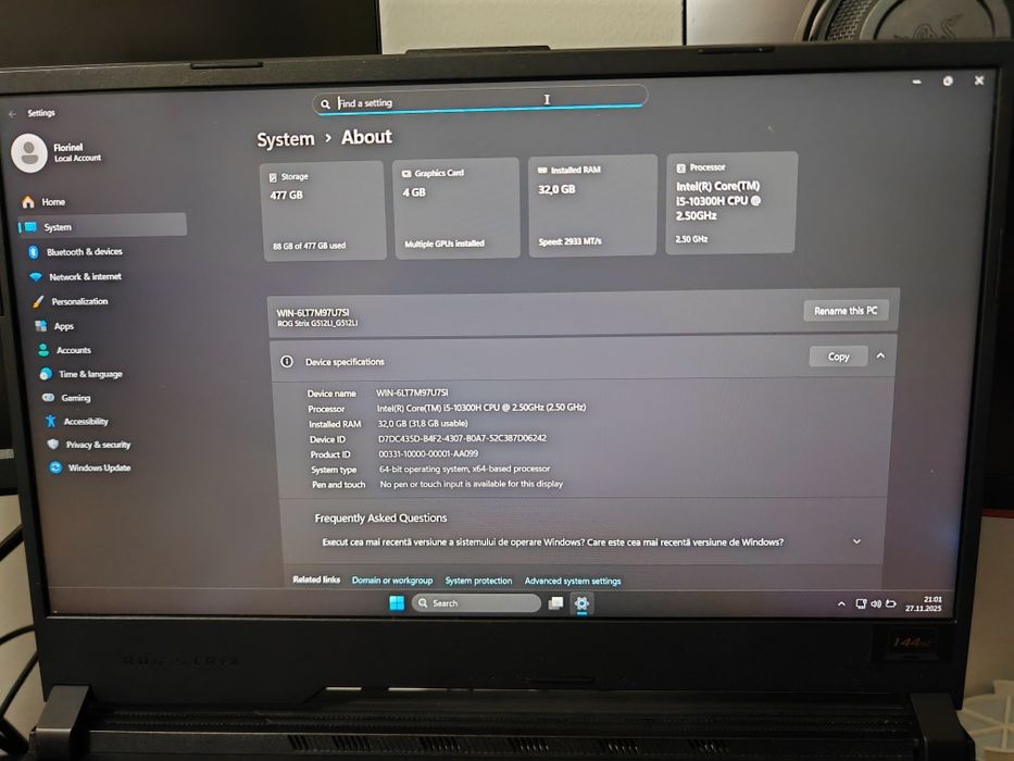 Laptop Gaming ASUS ROG Strix G15 – i5-10300H · 32 GB RAM · SSD ~512 GB